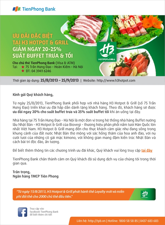Dùng thẻ TienPhong Bank ưu đãi 25% tại nhà hàng H3 Hotpot & Grill Dùng thẻ TienPhong Bank ưu đãi 25% tại nhà hàng H3 Hotpot & Grill